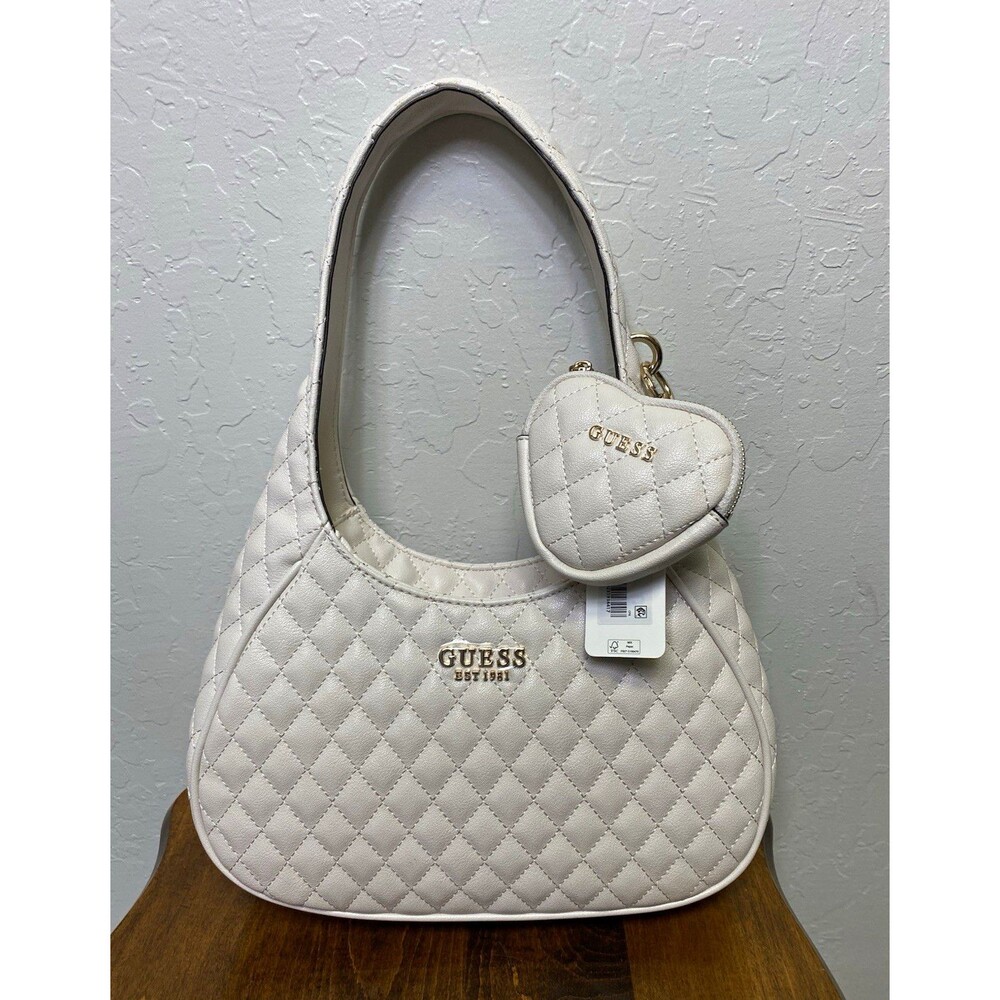 NWT GUESS White Quilted Crescent Shoulder Bag Gold Hardware Heart Coin Purse